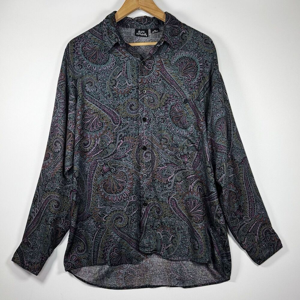 Bon Homme Shirt Mens Medium Black Purple Paisley Rayon Button Up Vintage 90s